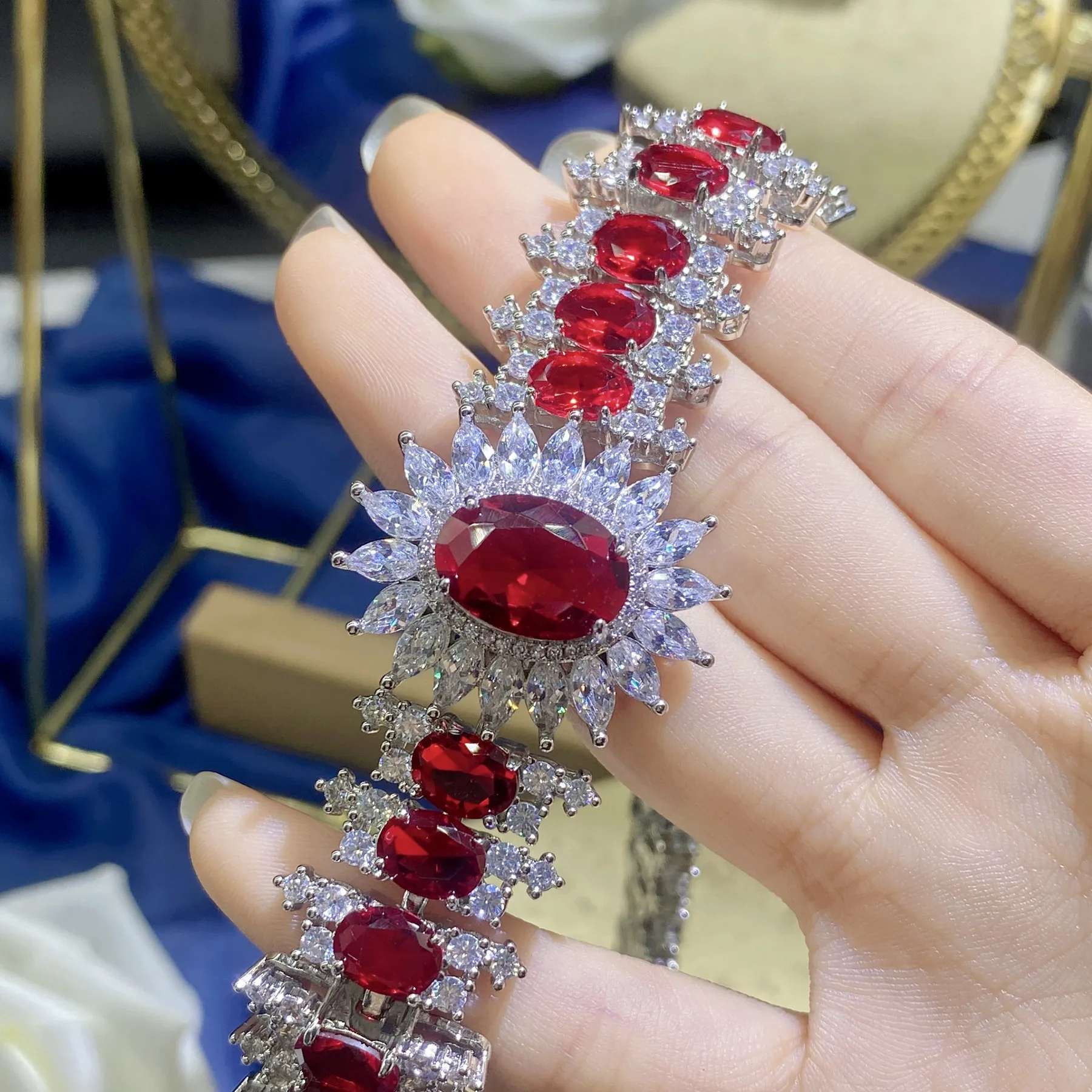 

Luxury Silver Color Bracelets Inlaid with 14*10mm Synthetic Ruby Bracelet For Women Wedding Party Fine Jewelry Gift 18+3cm Chain