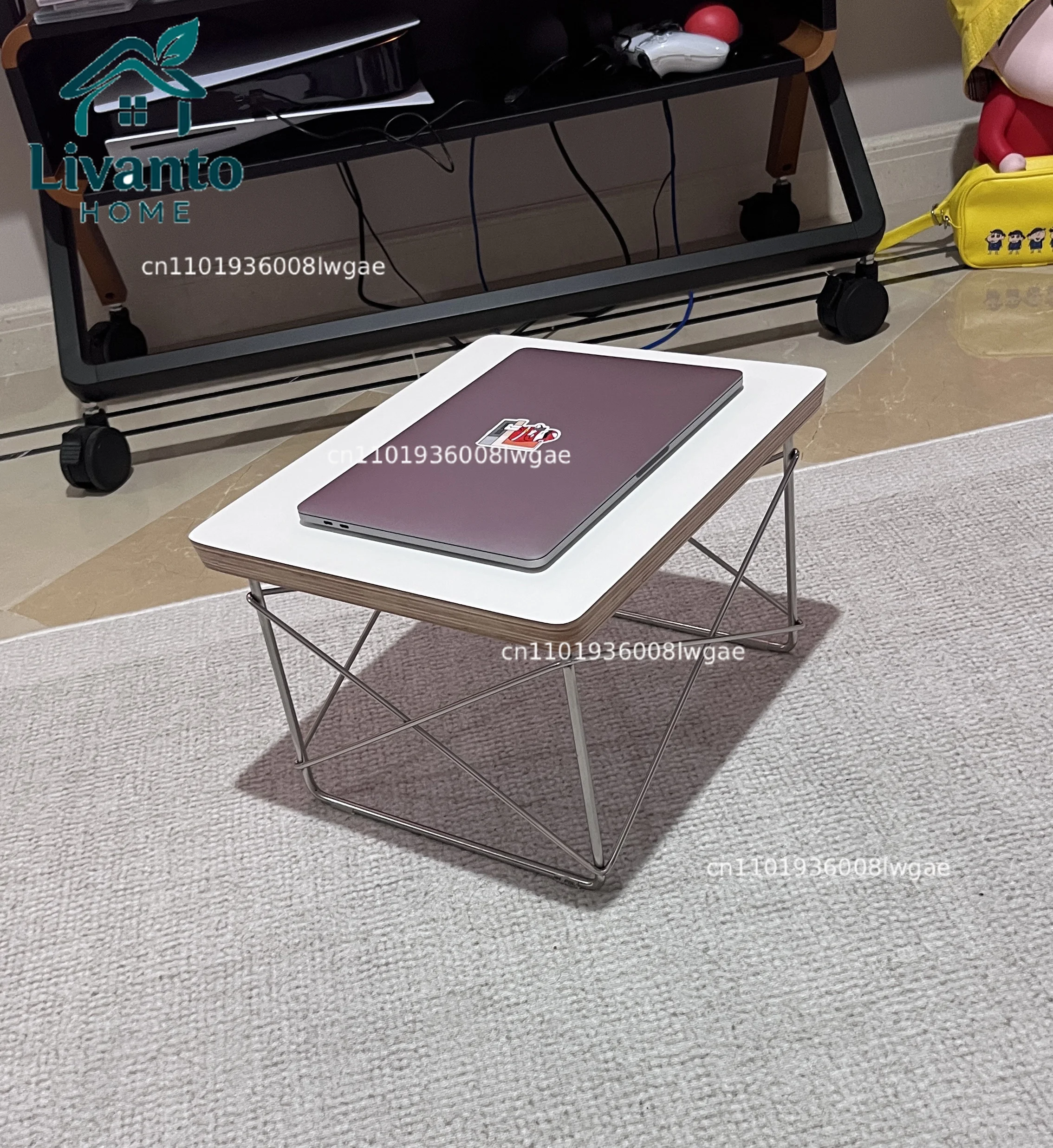 

Small Sidetable LTR Low Table Plywood Rectangle Top Stainless Steel Frame Small Home Decoration Wire Base Table