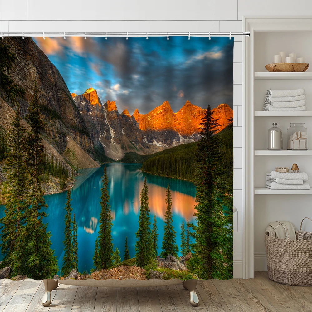 4Pcs Mountain Shower Curtain Set Nature Landscape Lake Scenic Tree Cloth Bathroom Curtains Bath Mats Non Slip Rug Toilet Cover