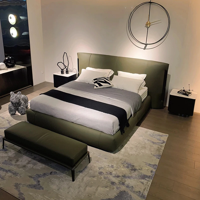 

High-end Bedroom Furniture Set Buckle Italian Bed Modern King Green Leather Bed