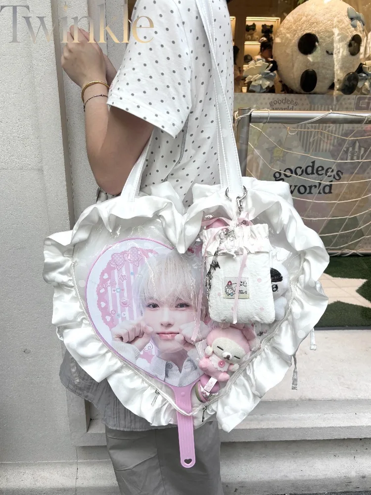 Women Lolita Ita Bag Heart Shape Satin Japanese Style Sweet Girls Ruffles Shoulder Baby Doll Large Capacity Backpack