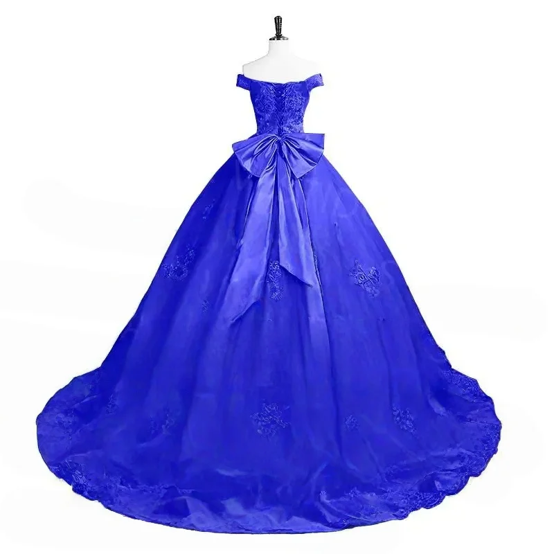 Custom JDY High Off Shoulder Lace Appliques Tulle Train Ball Gown Flower Girl Dress Wedding Party Gown Birthday Pageant Dress فس