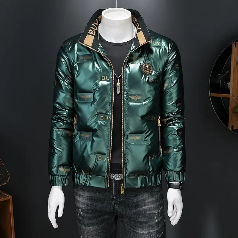 

Мужская короткая куртка с воротником-стойкой, пуховик из искусственной кожи с глянцевой поверхностью, осенне-зимняя верхняя одежда 2025 года от модного бренда