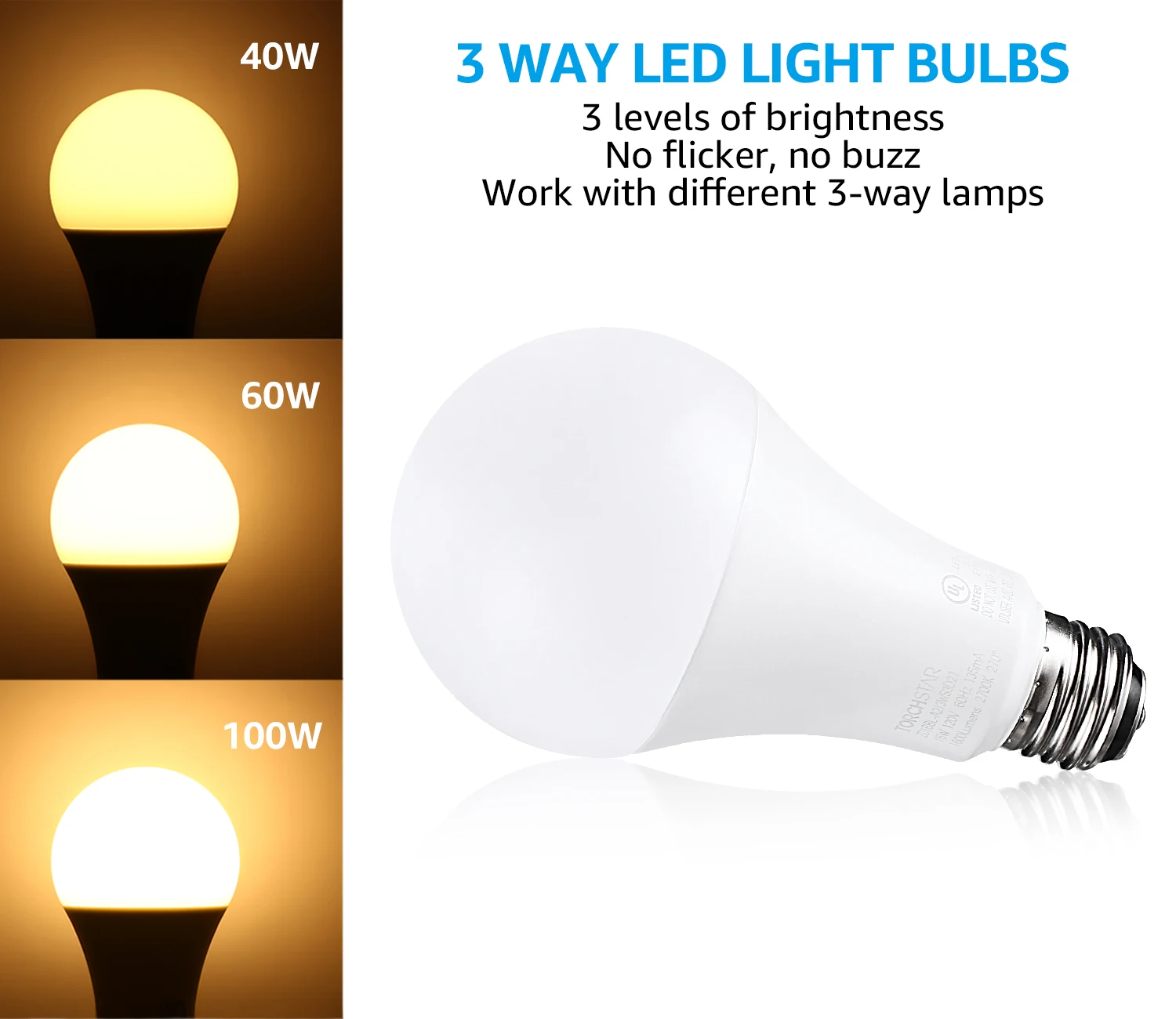 40/60/100W Equivalent LED A21 Light Bulb, Energy Star + UL-Listed, 2700K Soft White, E26 Medium Screw Base, for Table Lamp