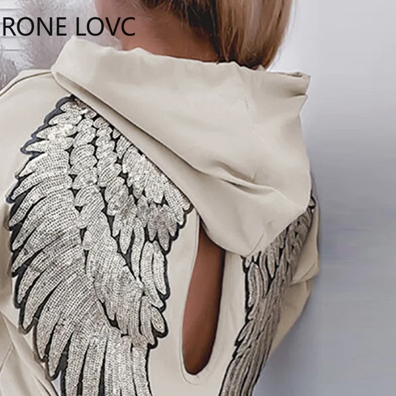 Women Chic Hooded Basics Long Sleeves Wing Pattern Sequins Hollow Out Back Straight Blouse Sweatershirt Tops