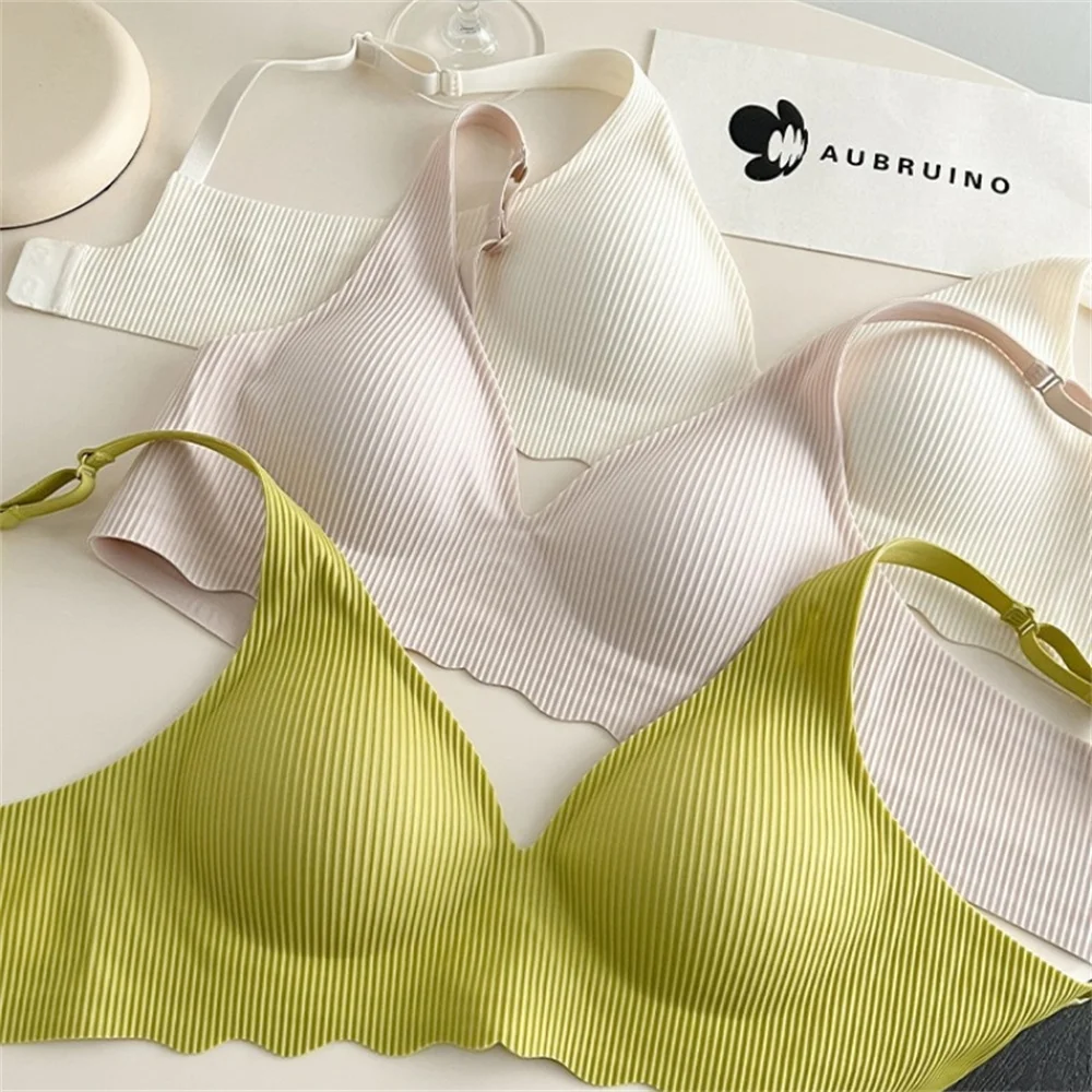 Women\'s Seamless Bra Small Chest Big Hollow Design Underwear Support Non-removable Semi-fixed Cup One Piece Striped Thin Bra