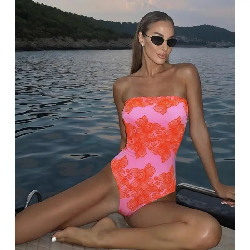 

Flaxmaker 2026 Summer Swimsuit Sets Women Sexy Off The Shoulder Printed Swimwear Bandeau Pink Flower Print Biquini conjunto de