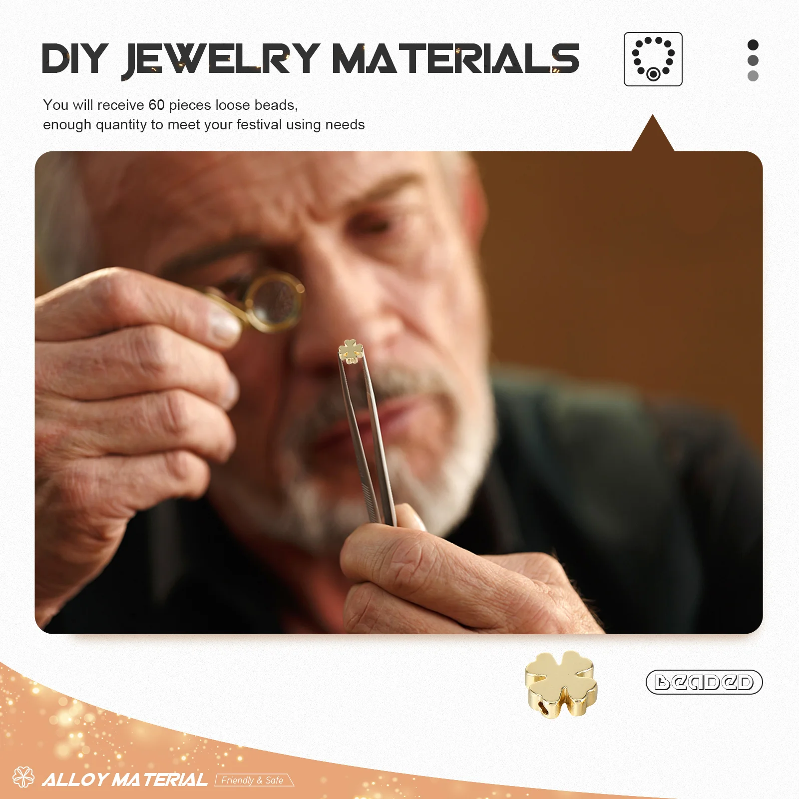 60Pcs Four Leaf Jewelry Beads Golden DIY Spacer for Necklace Bracelet Making Craft Decoration Supplies Spacer Beads