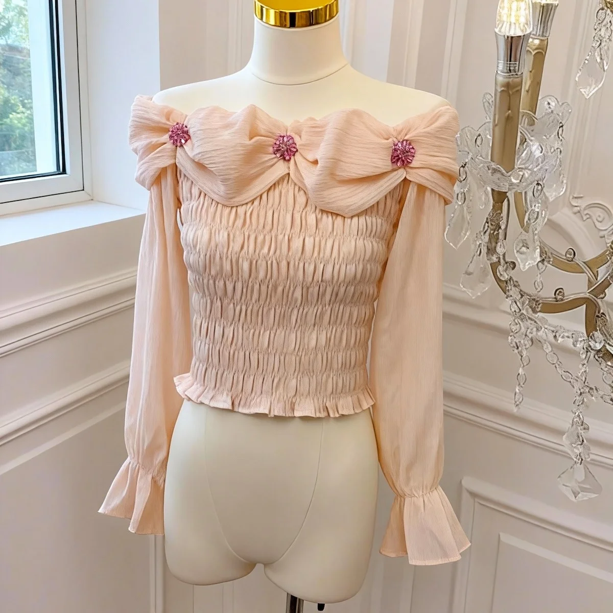 Chemisier en mousseline de soie brodée lourde pour femme, coupe cintrée, pour demoiselle d'honneur, nouvelle collection automne hiver