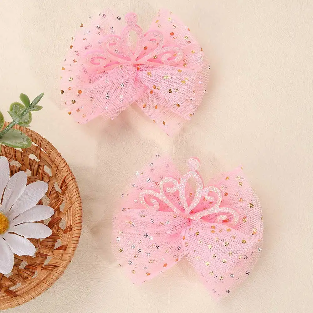 2Pcs Sweet Girl Hairpin Glitter New Korean Girls Clips Princess Crown Hair Clip Double-layer Bows Kids Gifts Hair Accessories