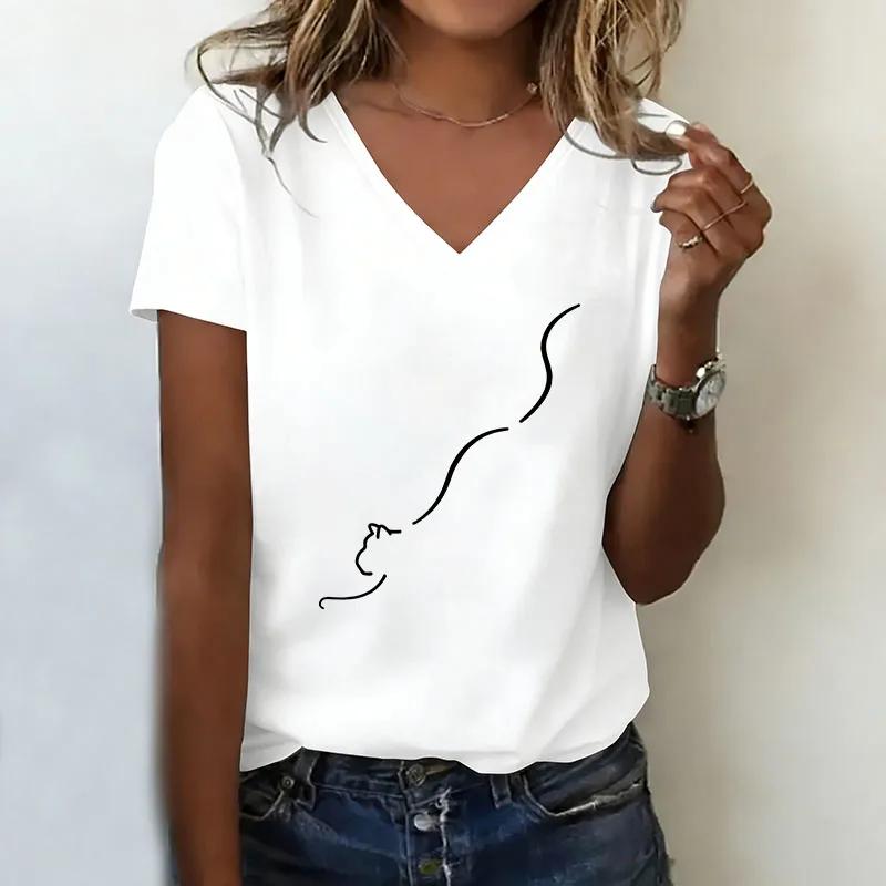 Kawaii Cat T-shirt V Neck Casual Fashion T Shirts Women Short Sleeve Tee Shirt V-Neck Summer Spring