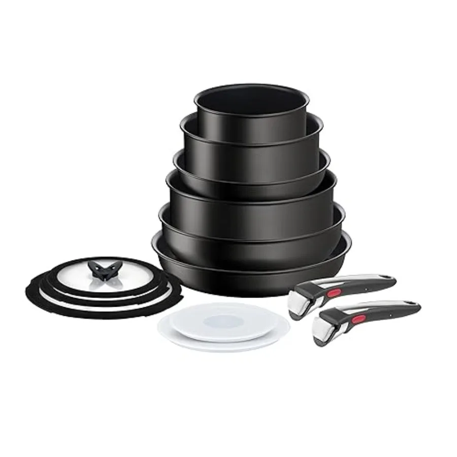 

13 Piece Set, Pots & Pans Set, Stackable, Easy Cleaning, Non-Stick Coating, Heat Indicator, Induction, Black
