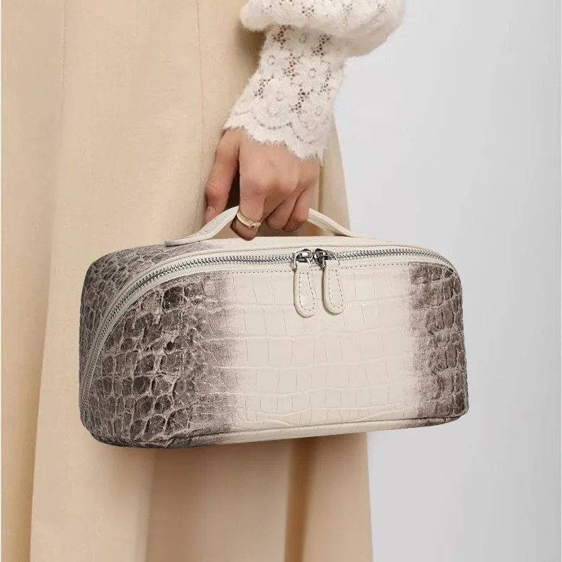Aidrani Women Real Cowhide Cosmetic Bag Crocodile Grain Portable Travel Makeup Organizer Large Capacity Handheld Toiletry