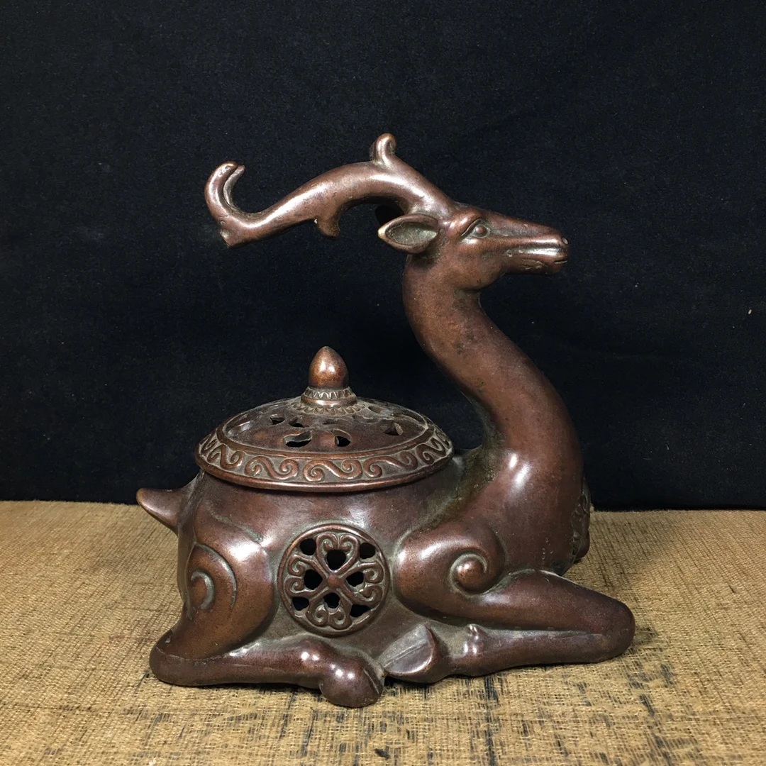 

7"Tibetan Temple Collection Old Bronze Cinnabar Mud gold Sika Deer incense burner Gather fortune office ornament Town house