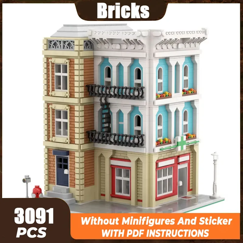 MOC-Briques de construction City Street View pour enfants, modèle coin pharmacie, technologie blocs modulaires, cadeaux jouets, ensembles de bricolage, assemblage