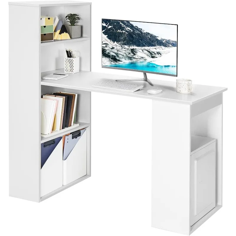 

White Computer Desk with Bookshelf, Writing Study Desk with Storage Shelves & CPU Stand,for Home & Office, Space-Saving Design