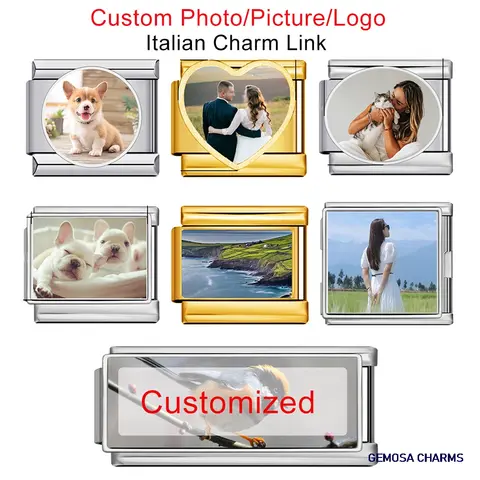 GEMOSA Geometric Picture Photo Personalization Bulk Customized Italian Charm Link Fit 9mm Stainless Steel Bracelet DIY Beads