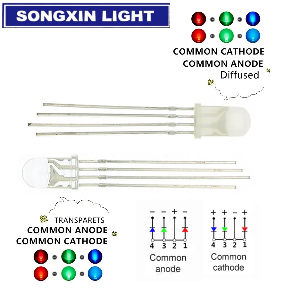 50PCS 5mm full-color LED RGB red/green/blue Common Cathode/Anode Four feet transparent highlight color light 5mm diode colorful