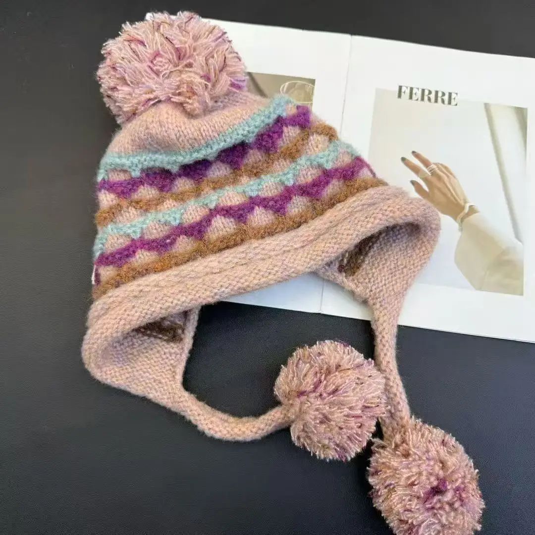 2026 Face-showingLittle Fair Island Knitted Hat Women's Autumn and Winter New Warm Plush Ball Beanie Ear Protection Lei Feng Hat