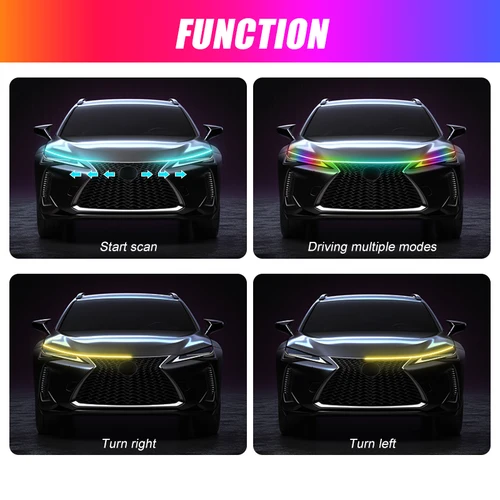 Imagen 2 del producto Luz de capó RGB, luces de circulación diurna para coche de 12V, Control por aplicación, tira de luces Led de neón multifunción, suministros automotrices