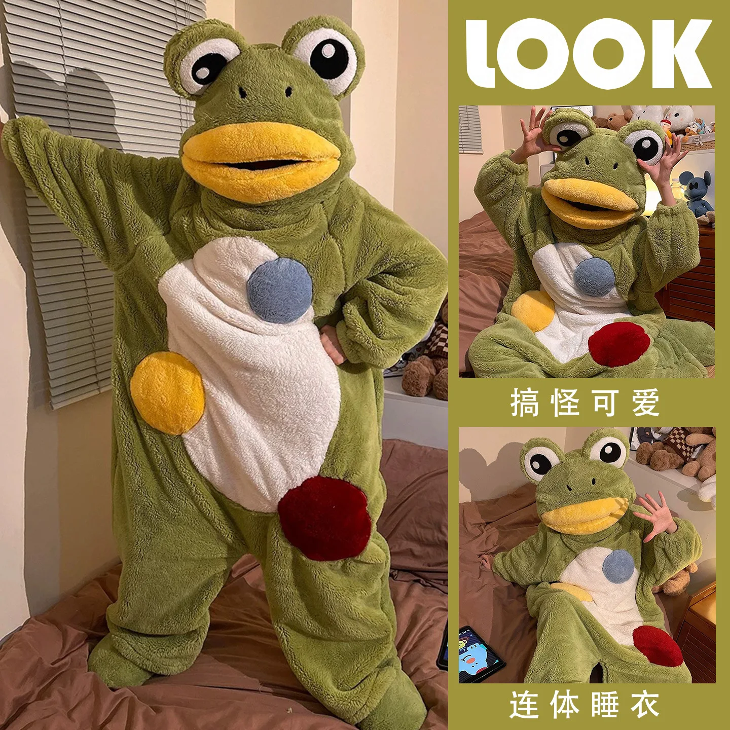 

Зимний женский комбинезон-пижама из кораллового флиса с мультяшным рисунком лягушки, утолщенный, теплый, для дома, милый, для косплея, для отдыха