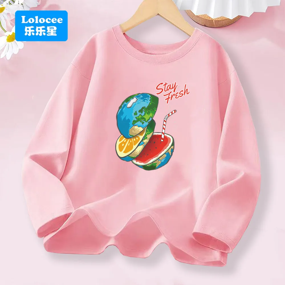 Lolocee Lila Langarm-T-Shirt für Mädchen – Kreative frische Frucht-Wassermelone – Erde-Druck, lustiges Top für Kinder, Baumwollkleidung