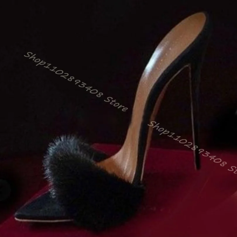 

Fur Decor Flock Slippers Pointed Toe Slip on Shallow Stiletto High Heels Fashion Women Big Size Shoes 2023 Zapatos Para Mujere