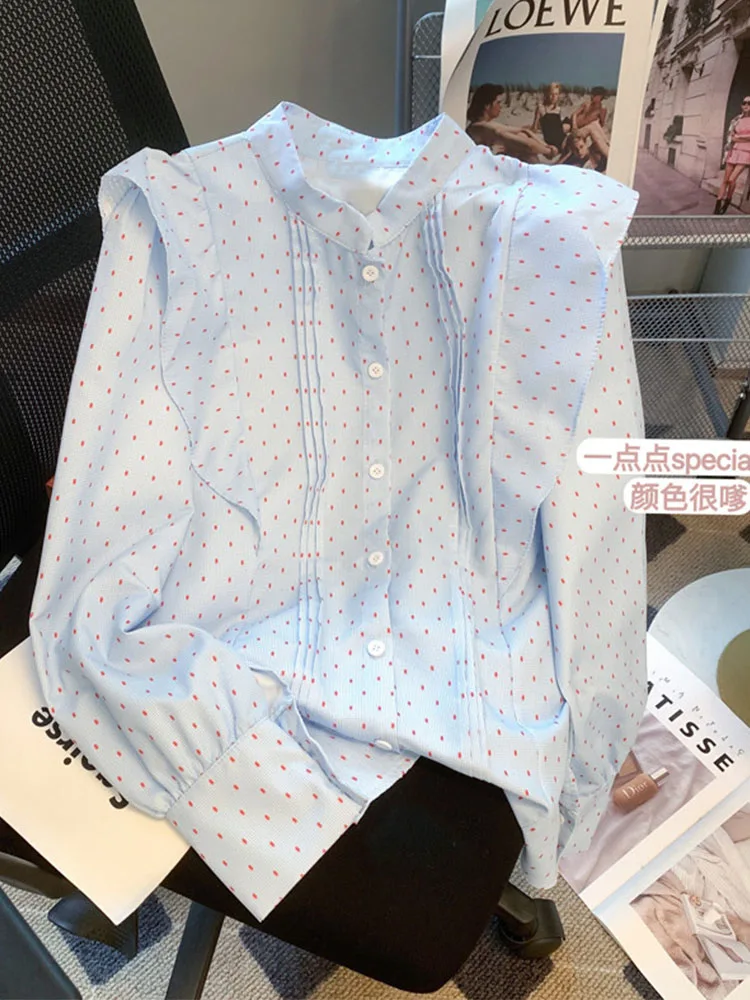 

New Blue Fashion Polka Dot Shirts Office Women Sweet Chic Turtleneck Straight Top Autumn 2024 Long Sleeve Chiffon Button Blouses