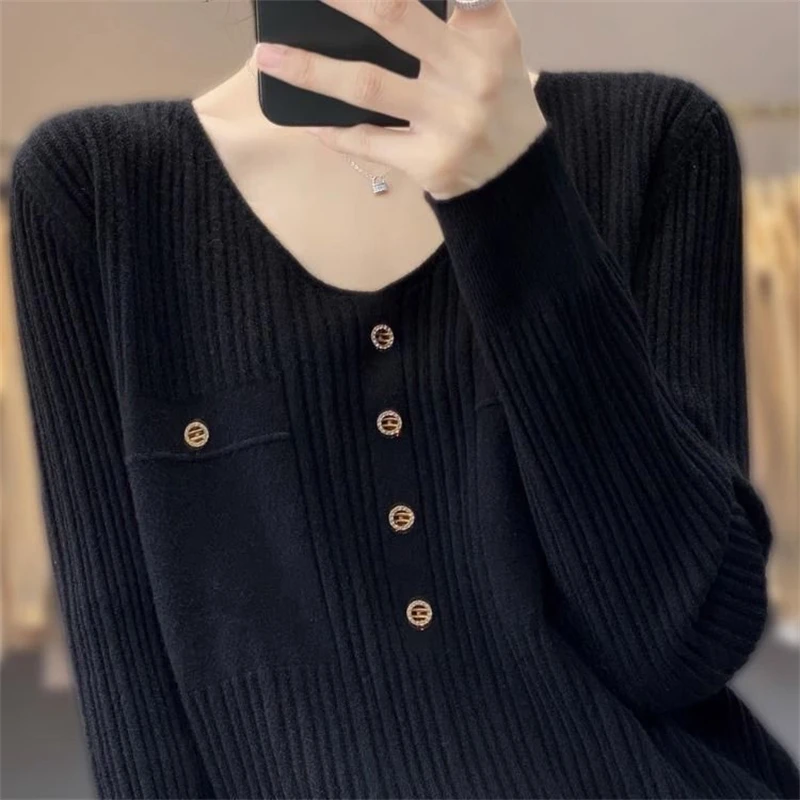 Women Clothing 2023 Korean Style V Neck Long Sleeve Chic Elegant Knitted Sweater Female Casual Solid Loose Pullover Tops Jumpers