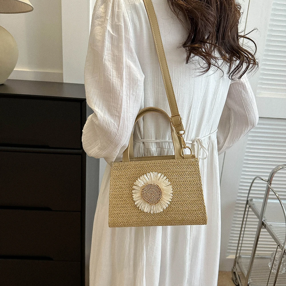 

Sun Flower Straw Bag Handbag Adjustable Strap Travel Crossbody Bag for Daily Life Leisure