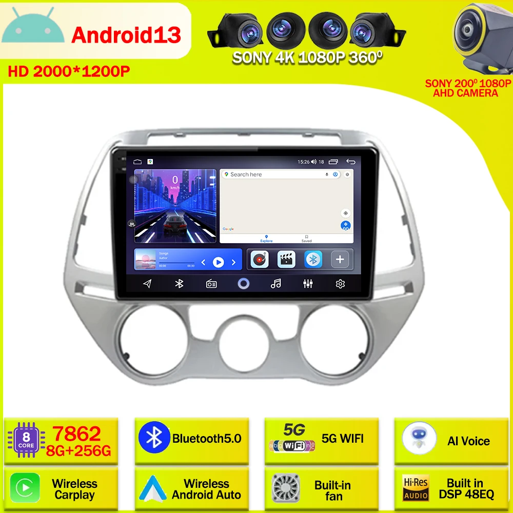 

Android 13 Car Radio Multimedia Video Player Navigation GPS For Hyundai i20 PB 2012 - 2014 WIFI 4G LET BT Head Unit Carplay Auto