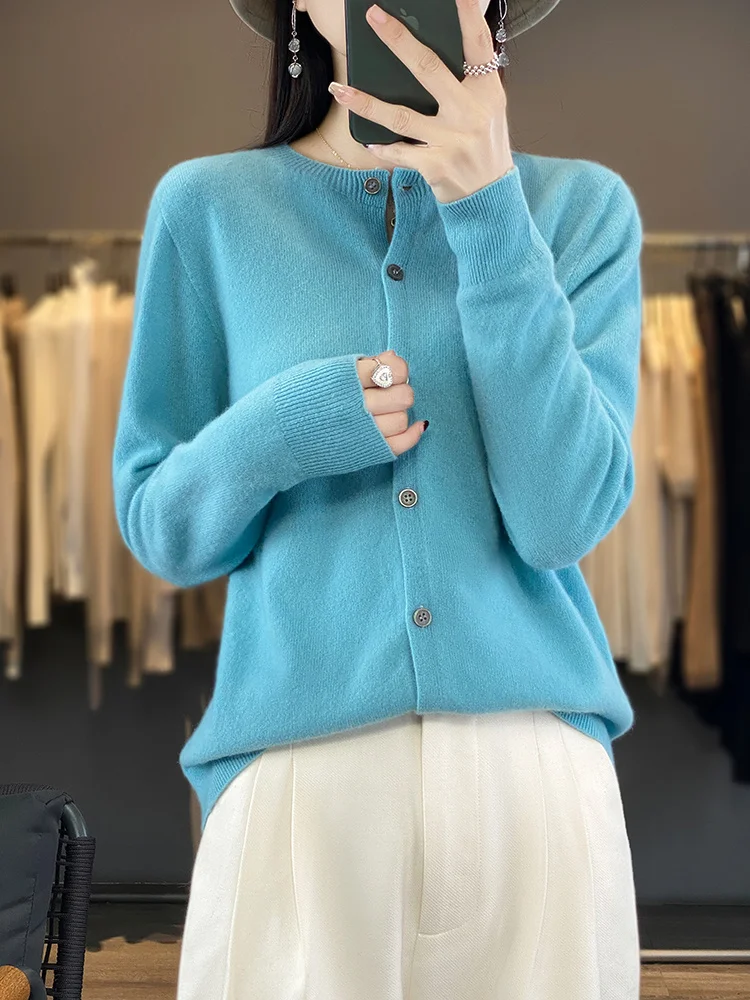 Autumn Winter Women Cashmere Cardigan 100% Merino Wool Buttoned Sweater O-Neck Basic Style Knitwear Female Casual Soft Top