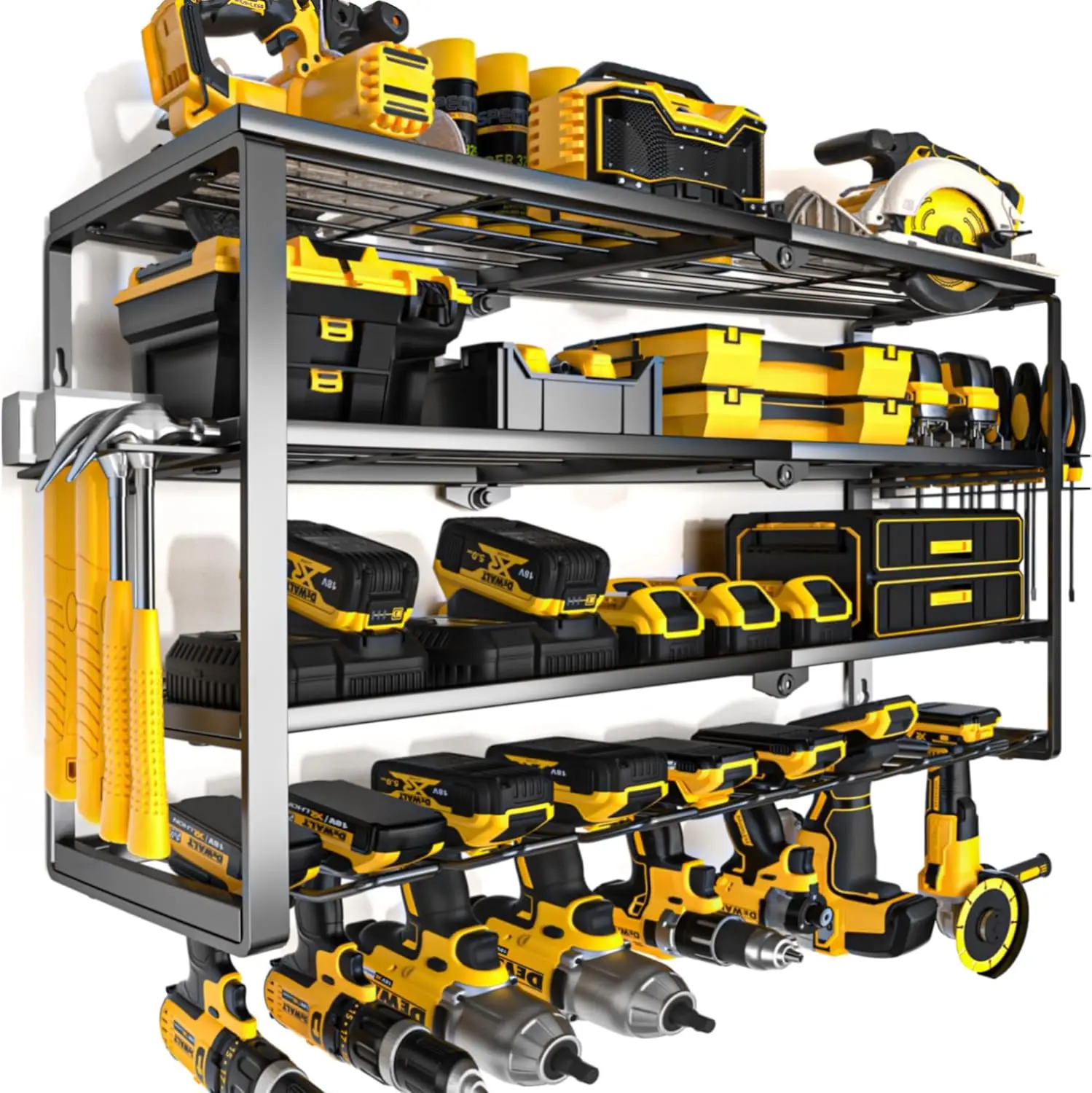 

4-Layer Wall Mount Tool Organizer with Charging Shelf, 32-Inch Drill Hanger Storage Rack for Garage Workshop
