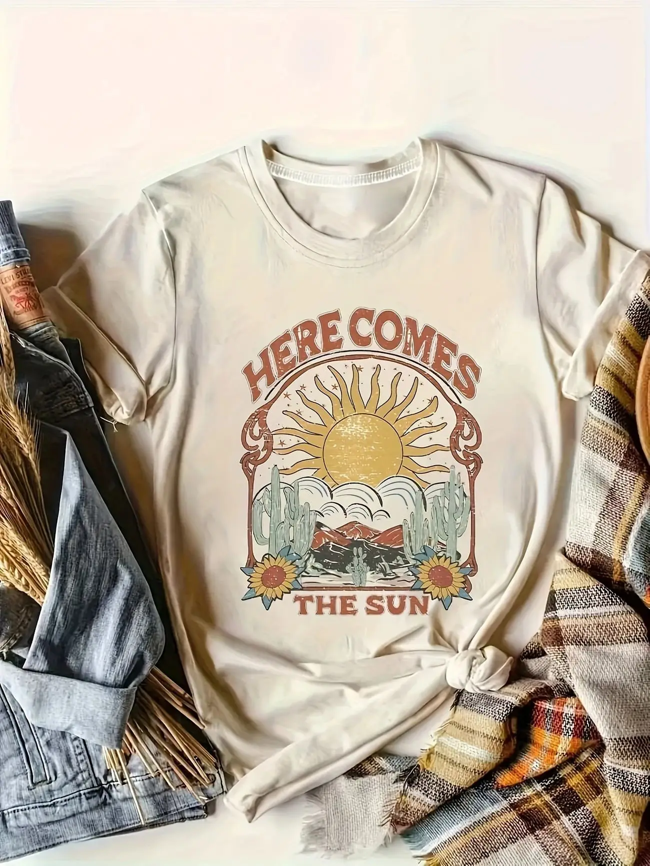 

Plus - Size Women's T - shirt, Beige, “Here Comes The Sun” & Vintage Desert Design