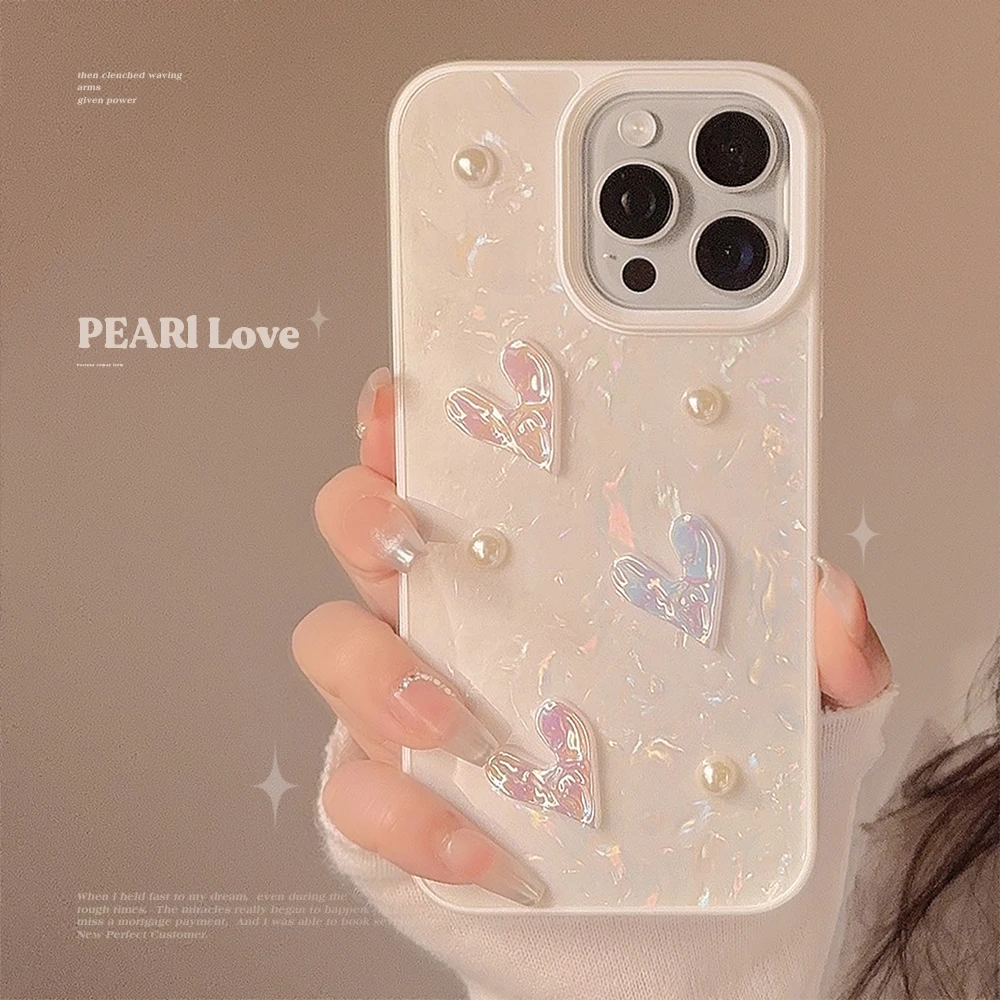 Korean Cute 3D Laser Love Soft Silicone Case for iPhone 15 Plus 14 13 12 11 Pro Max Pearl Shockproof Shell Pattern Phone Case