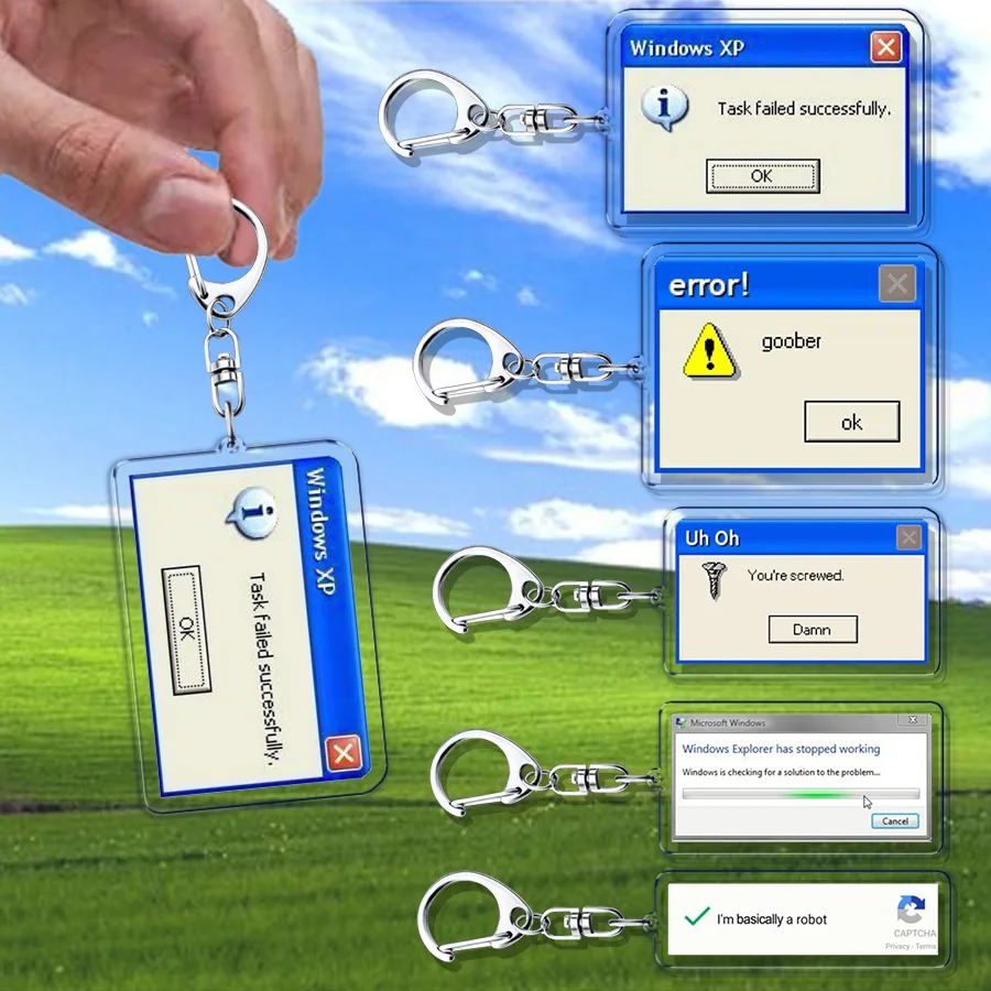 Creative XP Window Keychains for Accessories Bag Funny Task Failed Successfully KeyChain Ring Jewelry Fans Gifts Keyrings