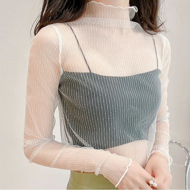 NEW Lace Perspective Women Top Slim Fit Mesh T-Shirts Turtleneck Sheer Blouses Long Sleeve T Shirt Versatile Sexy Ladies Tops