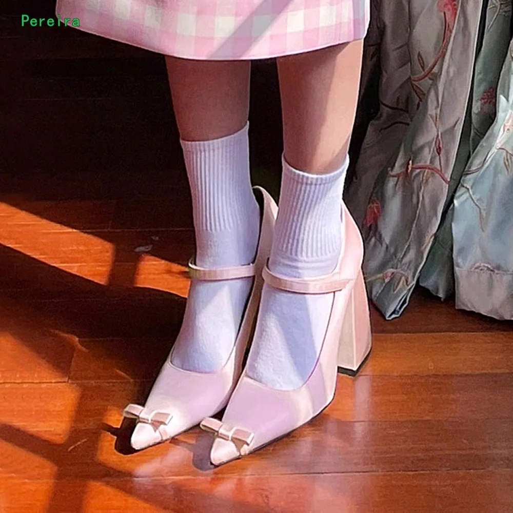 Pink Bow Pumps 2024 New Arrival Solid Pointed Toe Ankle Buckle Block Chunky Heel Women Sexy Fashion Party Mary Jane Shoes Summer