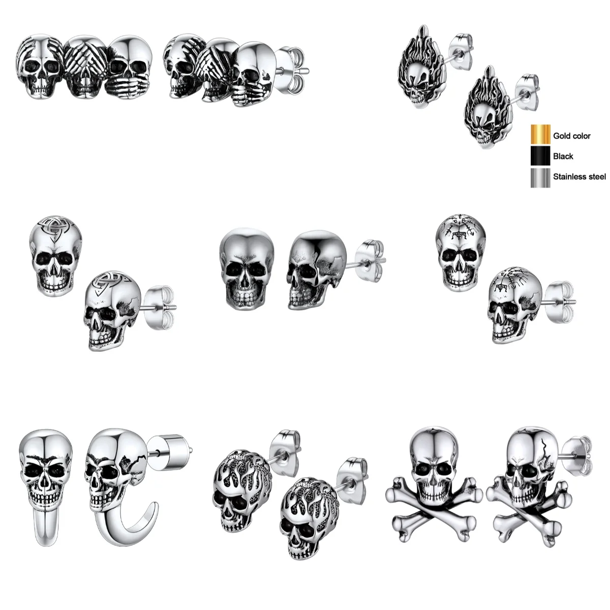 

U7 Stainless Steel Multiple Styles Skull Skeleton Stud Earrings for Men Women Vintage Retro Gothic Punk Jewelry Halloween Gift