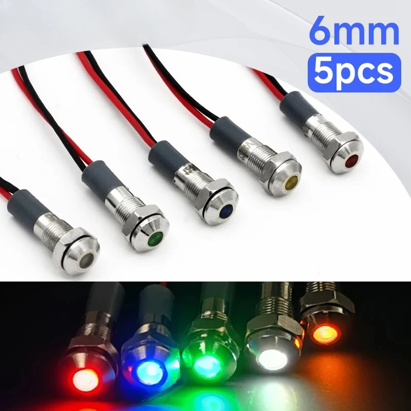 

VaneAims 5PCS LED Metal Indicator 6mm Waterproof Small Flat Led Panel Mount Signal Light 3-6V 12-24V Red Yellow Blue Green White