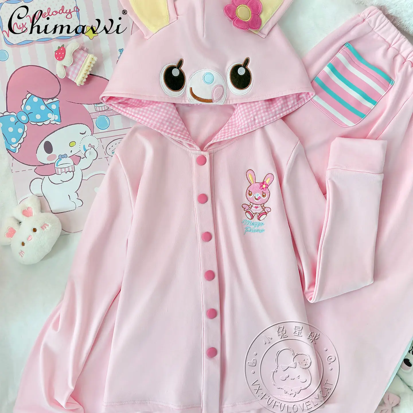 

New 2026 Spring Sweet Daughter Girls Kawaii Home Wear Women's Soft Cartoon Rabbit Fleece Pajamas Set Warm Sleepwear Nightwear
