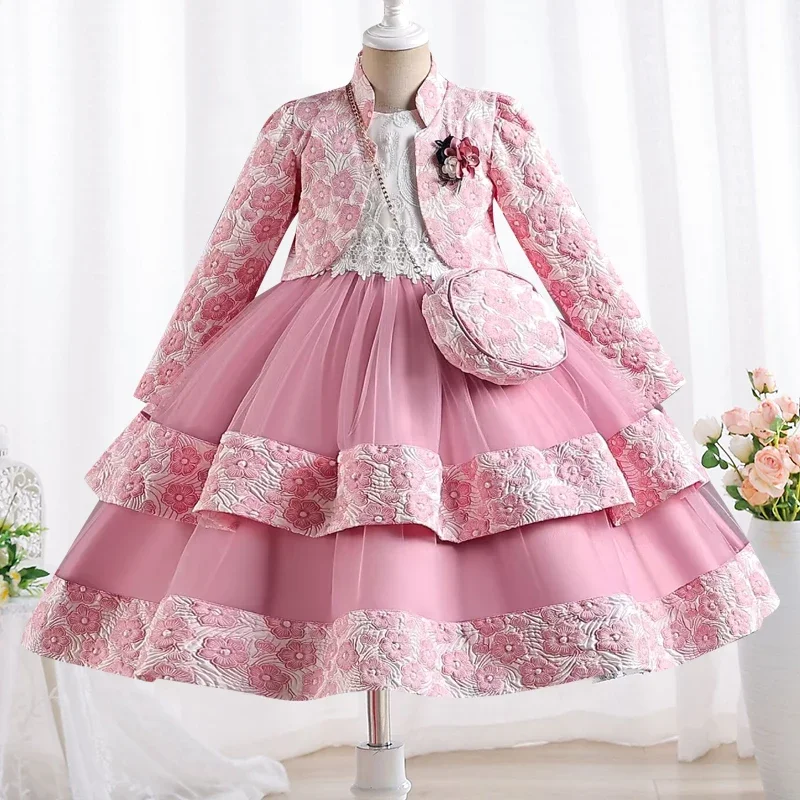 

2024 New Girls' Dress Two Piece Set 3-10 Years Old Gorgeous Christmas Performance Dress Autumn Girls' Party Prom Dress