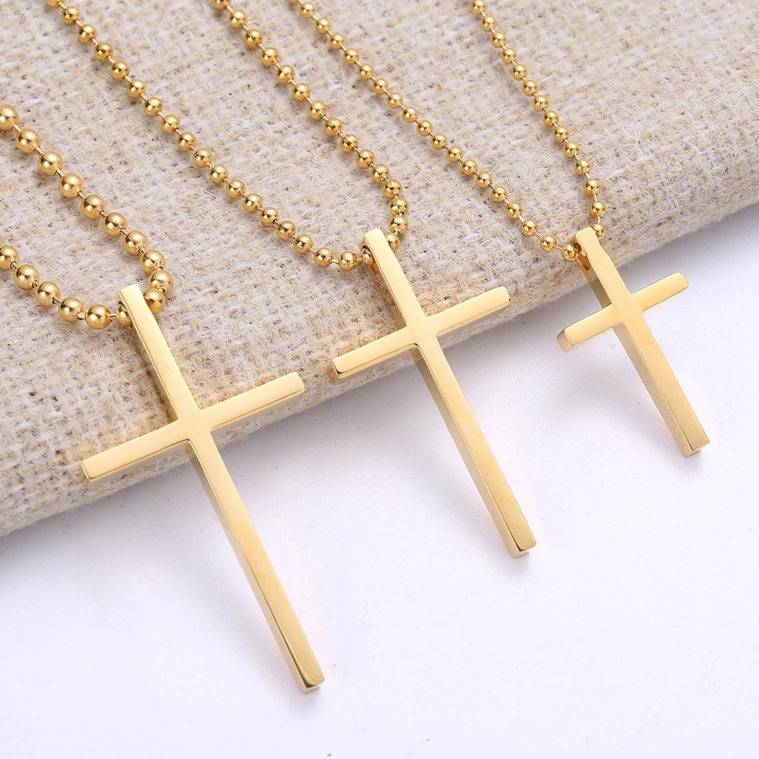 Men's Gold Tone Stainless Steel Cross Pendant Necklace Bead Chain 24inch