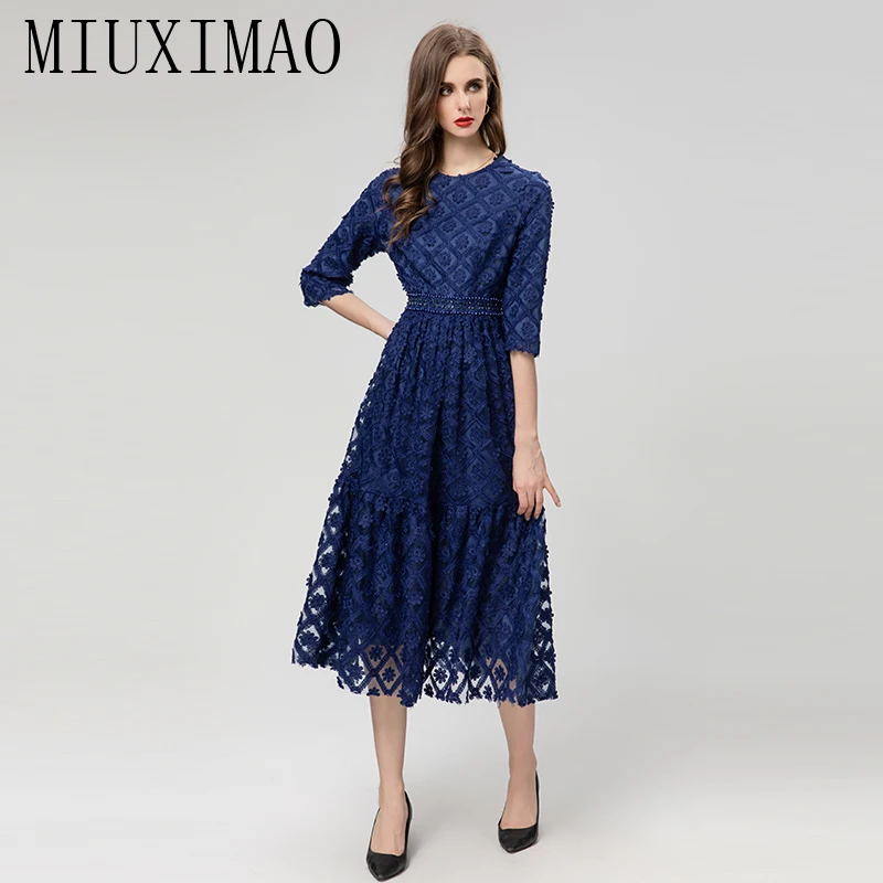 

MIUXIMAO 2023 Fall Woman Clothing 3/4 Sleeve Solid Embroidered Diamonds Long Dress Elegant and Pretty Women's Dresses