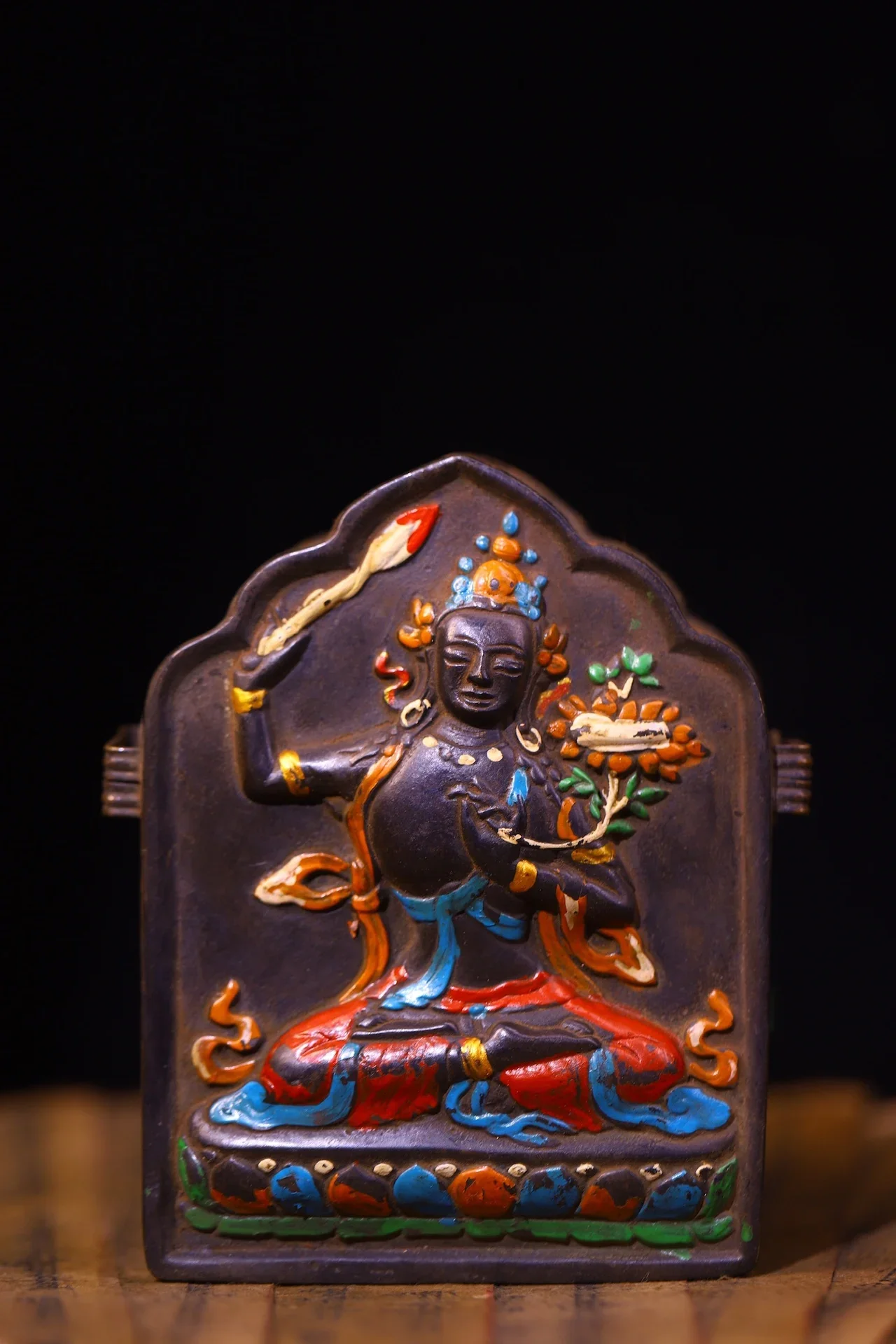 

5"Tibetan Temple Collection Old Bronze Painted Manjusri Bodhisattva Buddha Gawu Box Amulet Dharam Worship Hall Town house