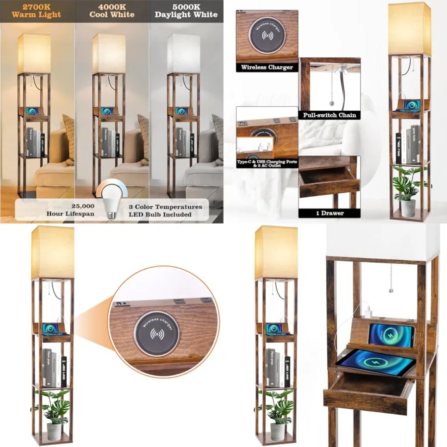 

Floor Lamp with Shelves, Shelf Floor Lamp with Wireless Charger and 2 Charging USB Ports and Drawer, AC Outlet, 3 Color Tempera