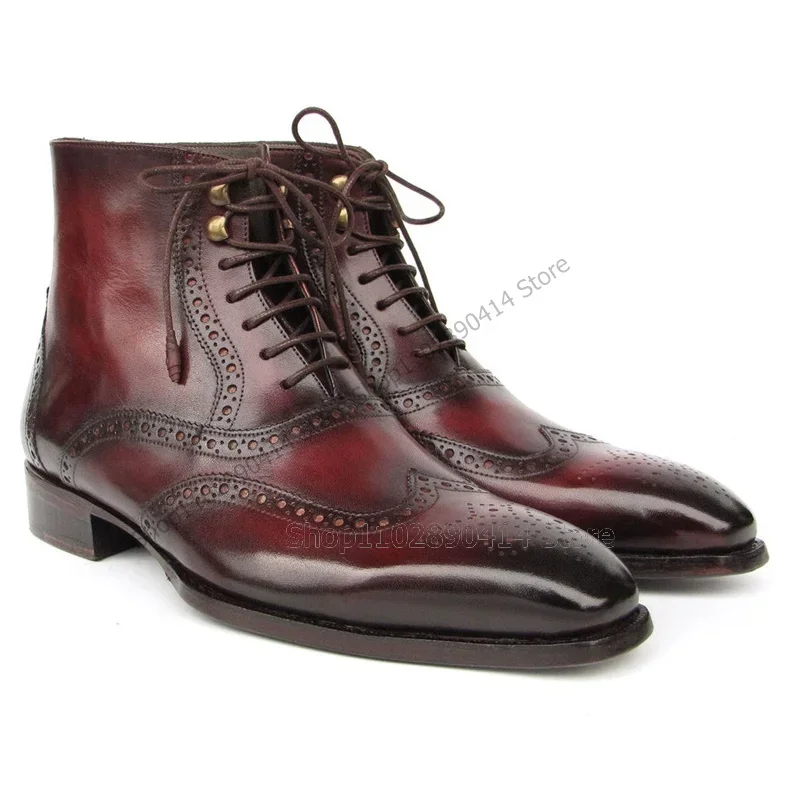 

Burgandy Gradient Color Sewing Design Strappy Boots Fashion Lace Up Men Shoes Luxurious Handmade Party Banquet Men Dress Shoes