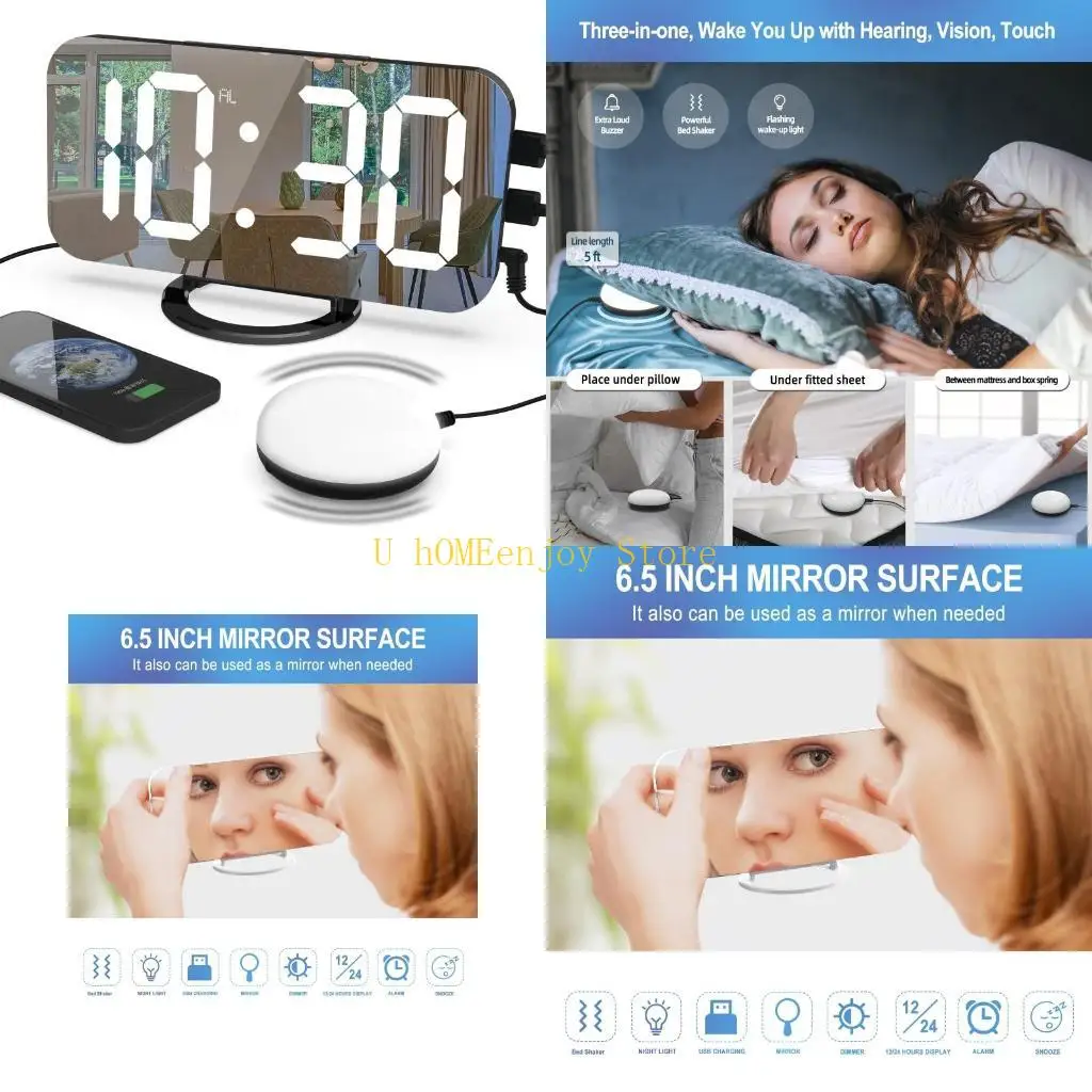 

B0KF Clock Wake Up Light Vibrating Alarms Snooze Mirror Night Light for Heavy Sleepers Deaf Adults Snooze Automatic Dimming