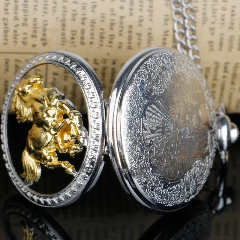 Steampunk الفاخرة تشغيل الحصان الذهبي ساعة جيب كوارتز زودياك النمط الصيني قلادة مجوهرات الرجال النساء الهدايا مع سلسلة