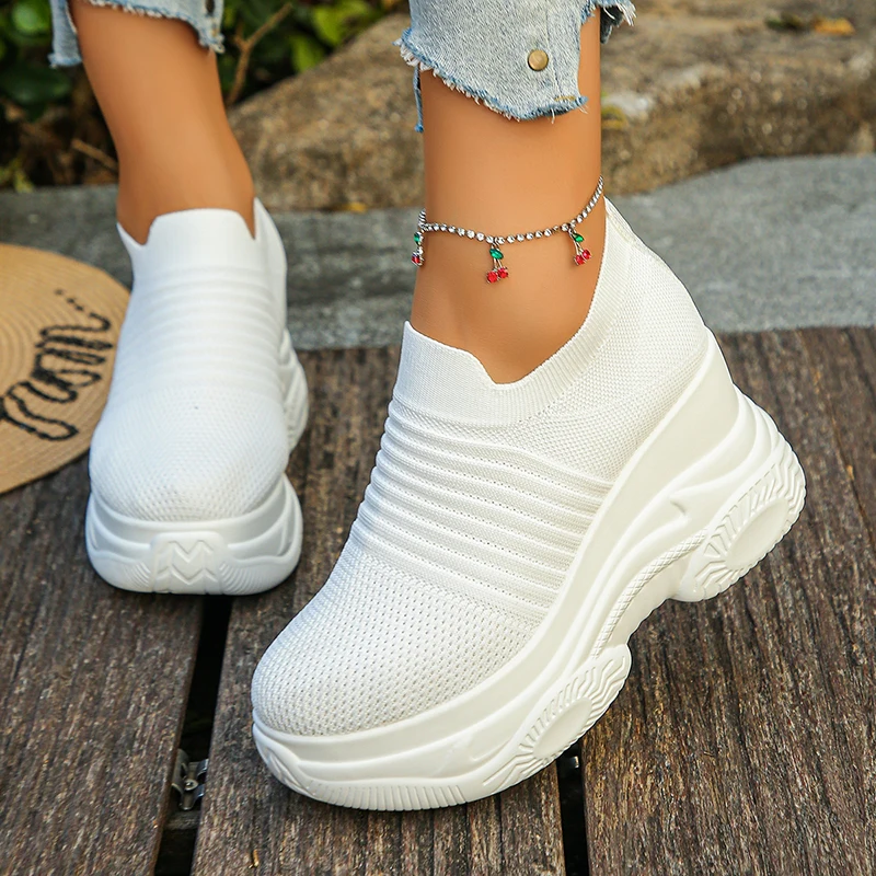 

Breathable Mesh Chunky Platform Sneakers Women Plus Size 42 Thick Bottom Sport Shoes Woman Black White Knitting Walking Shoes